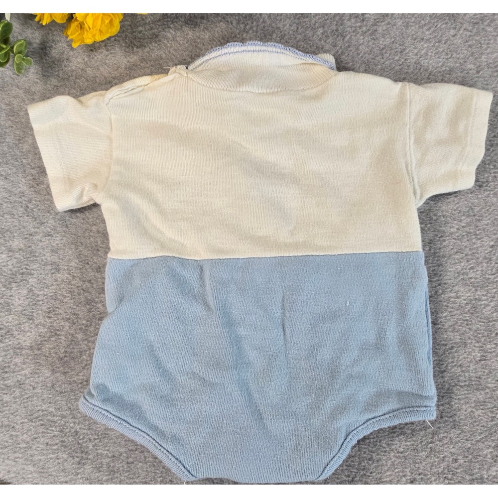 Vintage 60s 70s Baby Knit Romper Blue White Bunny Rabbit Embroidered 0-3m - Picture 9 of 9